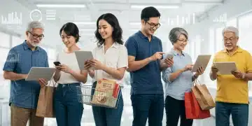 Diverse US consumers engaging with technology and physical stores, representing the 2025 consumer shift.