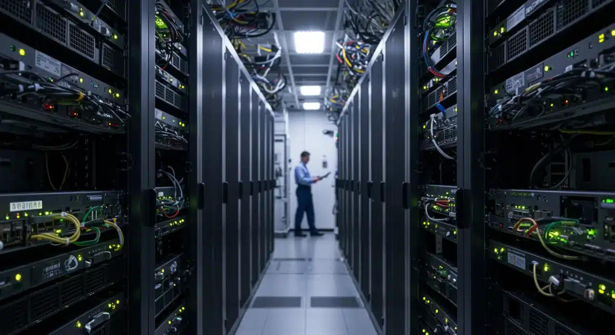 Server room with glowing lights, symbolizing AI and data processing infrastructure