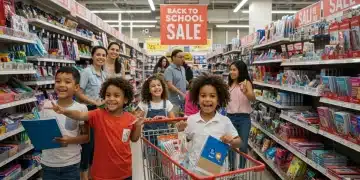 Children and parents excitedly shopping for school supplies during an early bird back-to-school sale.