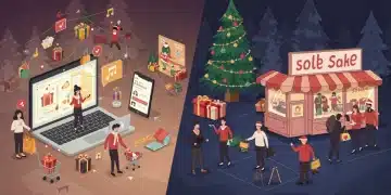 Illustration of online versus in-store Christmas shopping, highlighting digital convenience