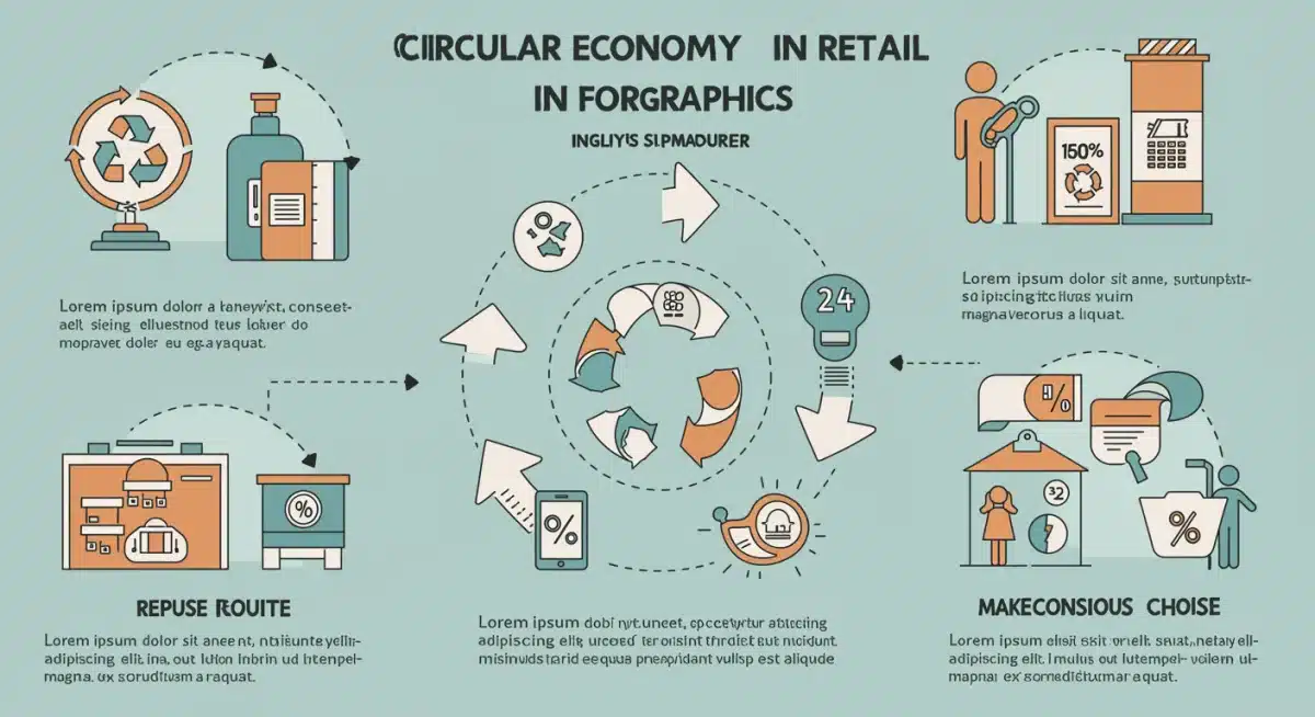 Infographic depicting circular economy principles in retail, emphasizing recycling and sustainable consumer choices.