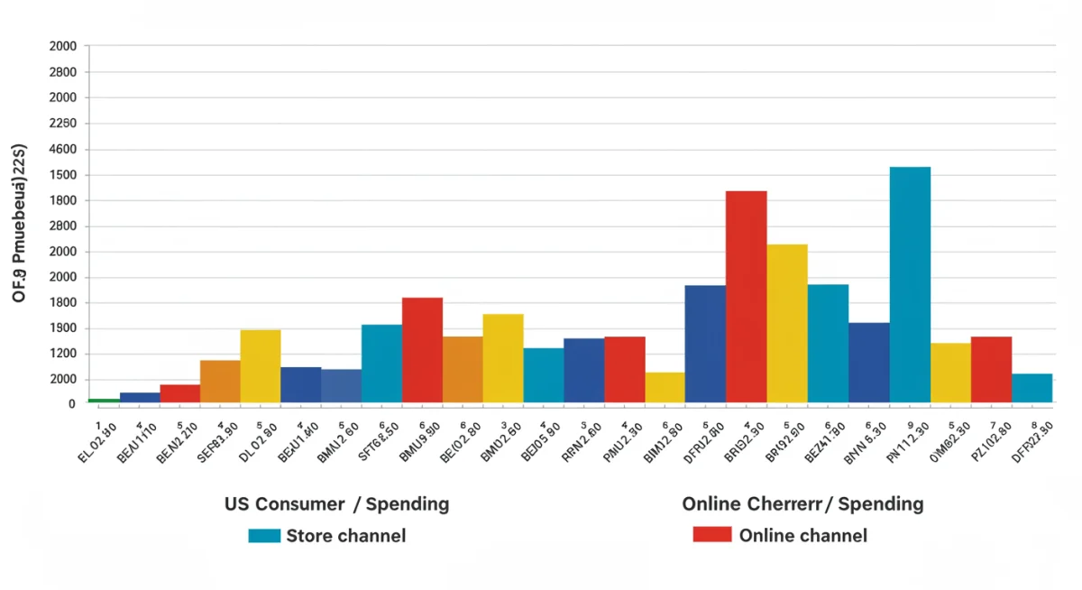 Bar chart comparing US consumer spending in different product categories for in-store versus online shopping during Q4 2024 and Q1 2025.