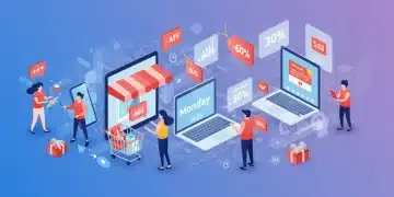 Dynamic Cyber Monday 2025 online shopping scene with diverse consumers and digital elements.