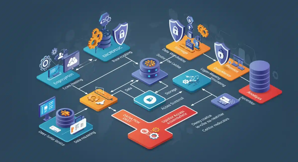 Data flow with security shields, illustrating robust data governance.