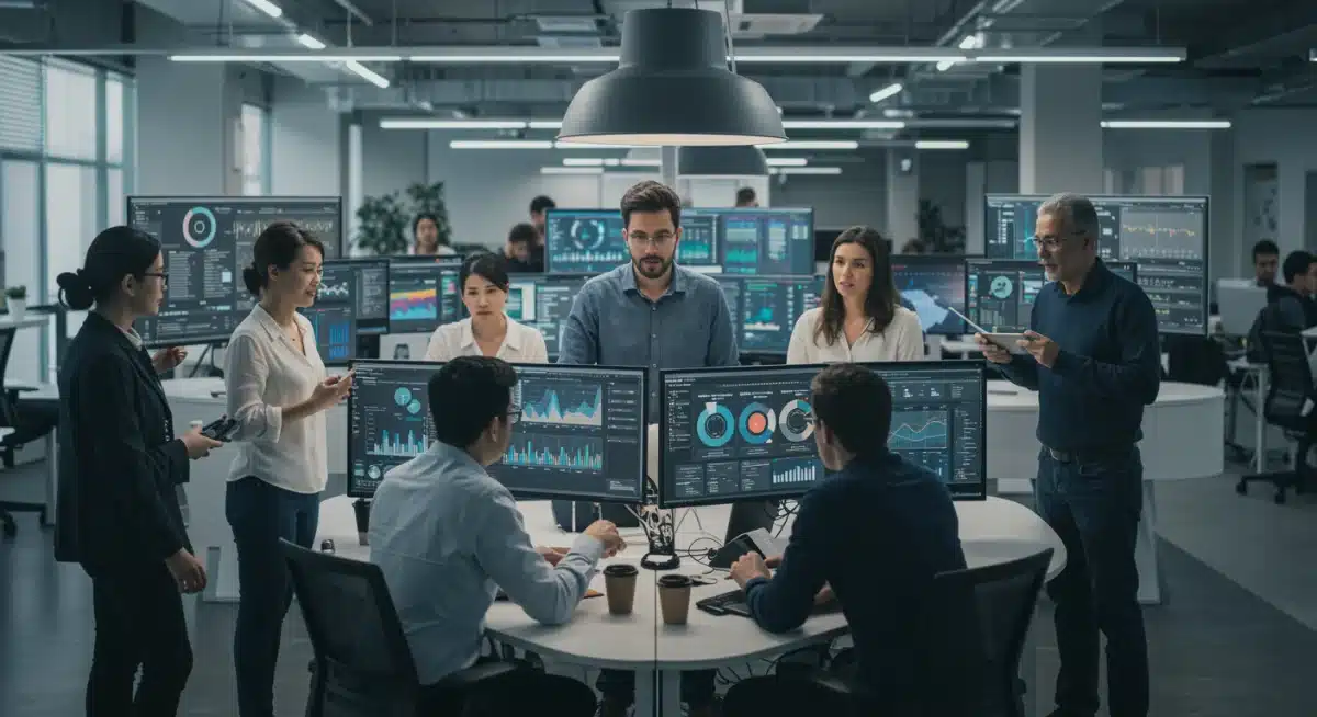 Professionals collaborating on digital strategy in a modern office