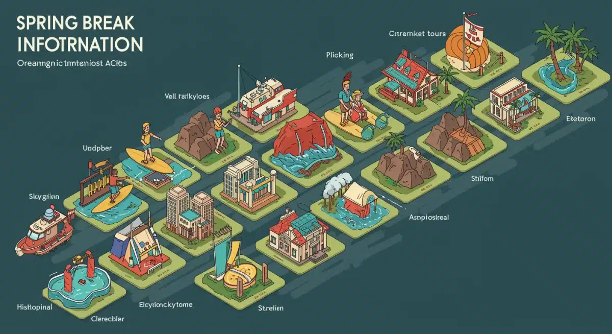 Infographic showing diverse US Spring Break travel destinations and activities