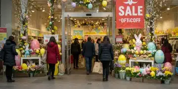 Vibrant Easter retail storefront with sales banner and shoppers