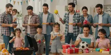 Happy diverse fathers with their children celebrating Father's Day with gifts and activities.