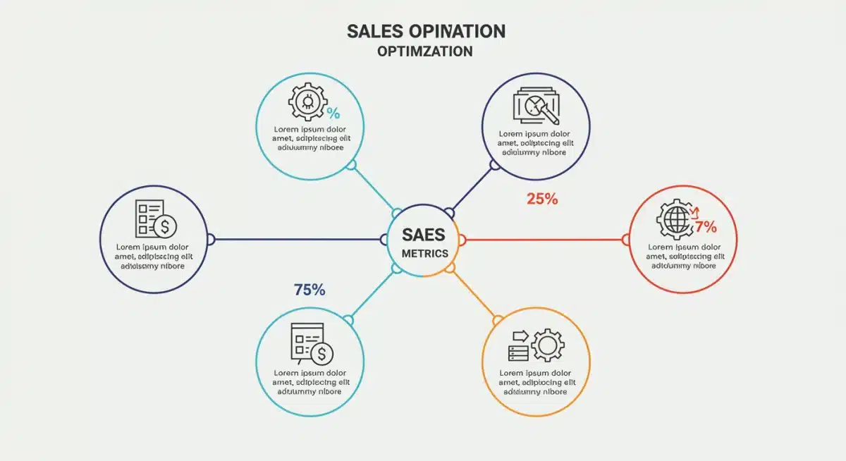 Infographic displaying five key sales metrics with arrows indicating performance trends and optimization opportunities.