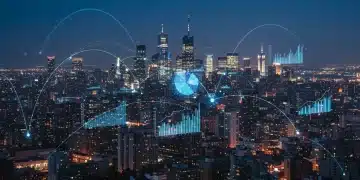 Futuristic US cityscape with glowing digital lines representing emerging technology trends