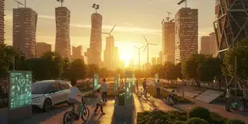 Futuristic green city with renewable energy and sustainable products