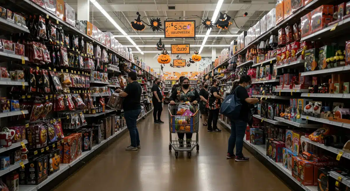Retail store aisle in the US showcasing Halloween 2025 merchandise and active shoppers.