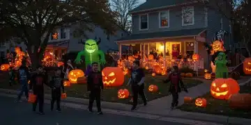 Festive US neighborhood decorated for Halloween with trick-or-treaters and elaborate spooky displays.