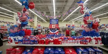 Festive July 4th retail display with red, white, and blue products, flags, and balloons, inviting shoppers to holiday sales.