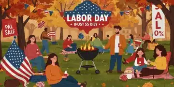 Families enjoying a Labor Day picnic with sale banners in the background