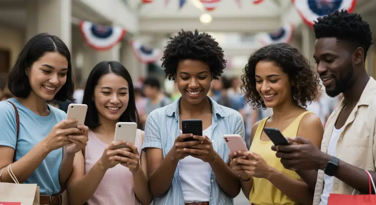 Diverse shoppers engaging with mobile devices for July 4th online deals in a festive shopping environment.