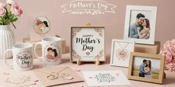 Assortment of personalized Mother's Day gifts including custom mug, engraved necklace, and framed photo.