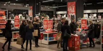 Shoppers navigating a bustling retail store during New Year's sales, with clear signage for discounts.