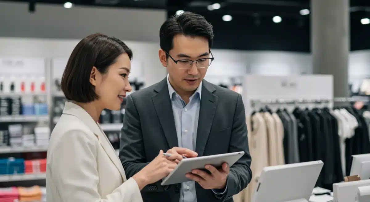 Salesperson personalizing customer interaction with digital tools for enhanced engagement.