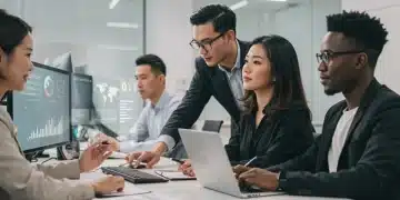 Sales team collaborating on personalized customer strategies in a modern office