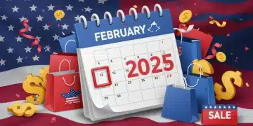 February 2025 calendar with Presidents' Day highlighted, surrounded by shopping bags and revenue symbols.