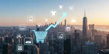 Upward trend arrow over shopping cart, symbolizing Q1 2025 e-commerce growth in US.