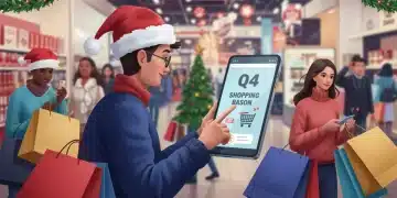 Shoppers navigating a festive, modern US retail environment during Q4 2025, emphasizing seasonal spending.