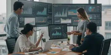 Team analyzing Q4 2024 sales performance data on screens in a modern office setting.