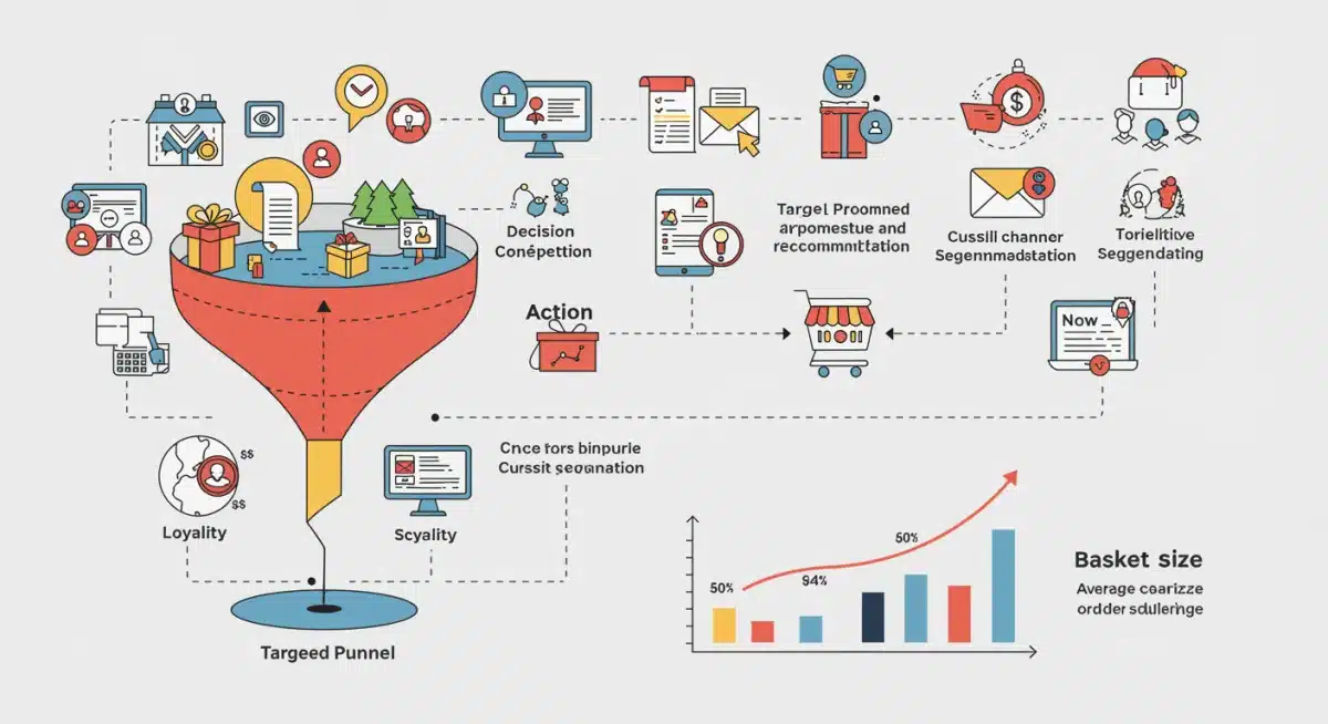 Sales funnel diagram showing customer journey from awareness to purchase with discount offers.