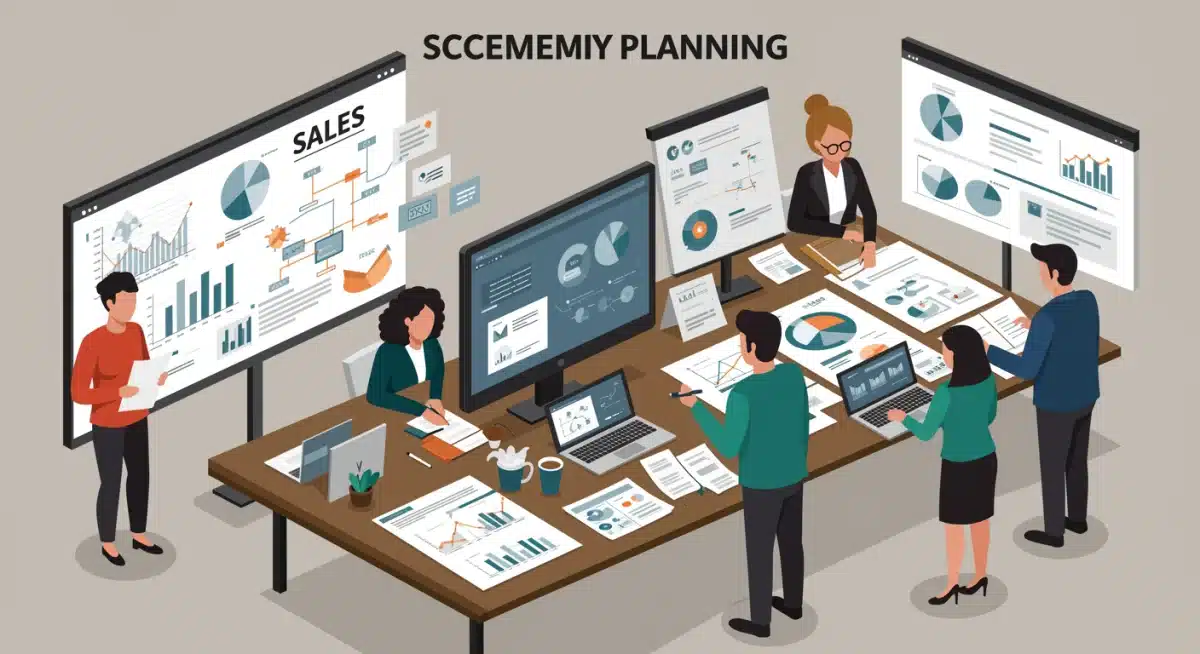 Business team collaborating on sales scenario planning and strategic foresight