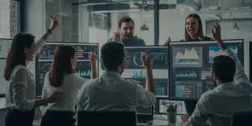 Sales team analyzing performance data on large screens, celebrating high quota attainment