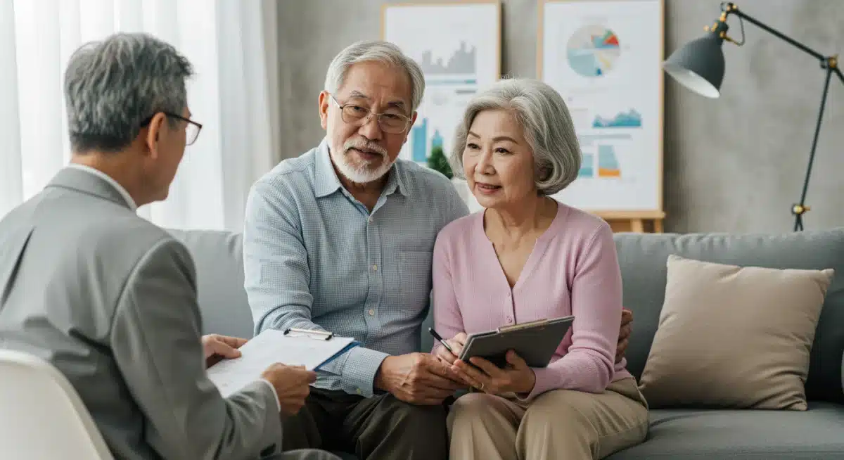 Senior couple reviewing financial plans with an advisor, emphasizing their investment in future security and well-being.