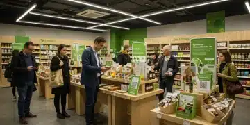 Shoppers engaging with ethical products in a modern retail environment, highlighting transparency and sustainable choices.