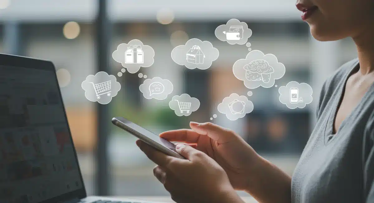 Person contemplating impulse purchases on a smartphone, surrounded by product ideas.