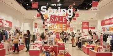 Dynamic retail scene during Spring Sales 2025 with bustling shoppers.