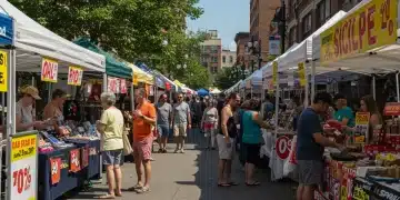 Summer sales event in a lively US city street with diverse shoppers