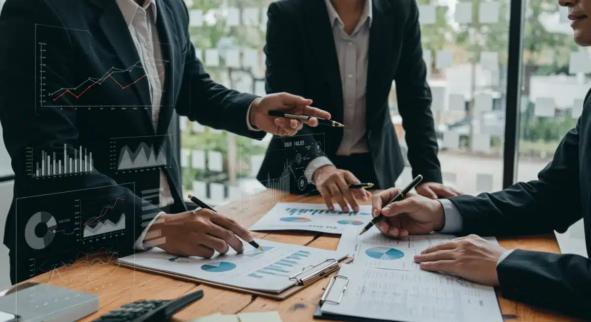 Business team analyzing AI-generated sales reports for strategic planning.