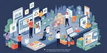 Dynamic illustration of diverse US consumers navigating post-pandemic market trends, featuring digital and sustainable consumption.