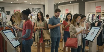 Diverse US consumers making purchase decisions in a modern retail and digital landscape, showcasing psychological influences.