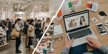 Split image showing diverse US consumers shopping in a physical store and another person engaging in online retail on digital devices.