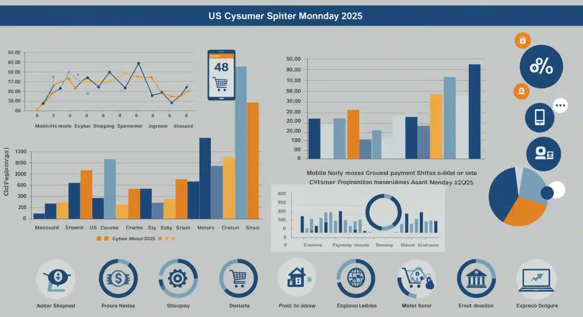 Infographic detailing US consumer spending shifts for Cyber Monday 2025 across various categories.