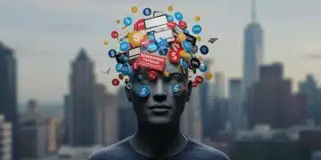 Overwhelmed US consumer facing numerous digital subscription icons and dollar signs.