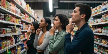 Consumers contemplating purchase decisions in a modern US store, reflecting shifting trust.