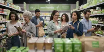 Diverse US consumers making conscious sustainable purchasing decisions in a modern store, with eco-friendly products visible.