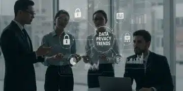 Professionals analyzing US data privacy regulations on a digital display.