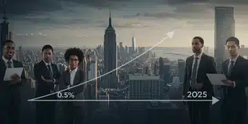 Graphic depicting a slight upward trend in US employment for 2025, with diverse professionals.