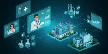 Digital illustration of US healthcare evolution with telehealth, data analytics, and research