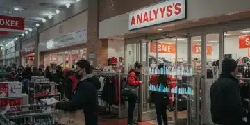 US retail store bustling during post-holiday sales with customers and data overlays