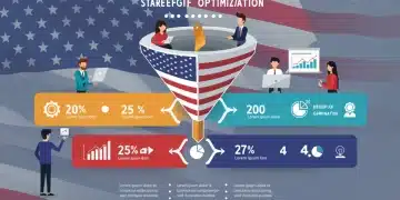Sales funnel optimization infographic showing reduced drop-off rates in the US market, with business professionals analyzing data.